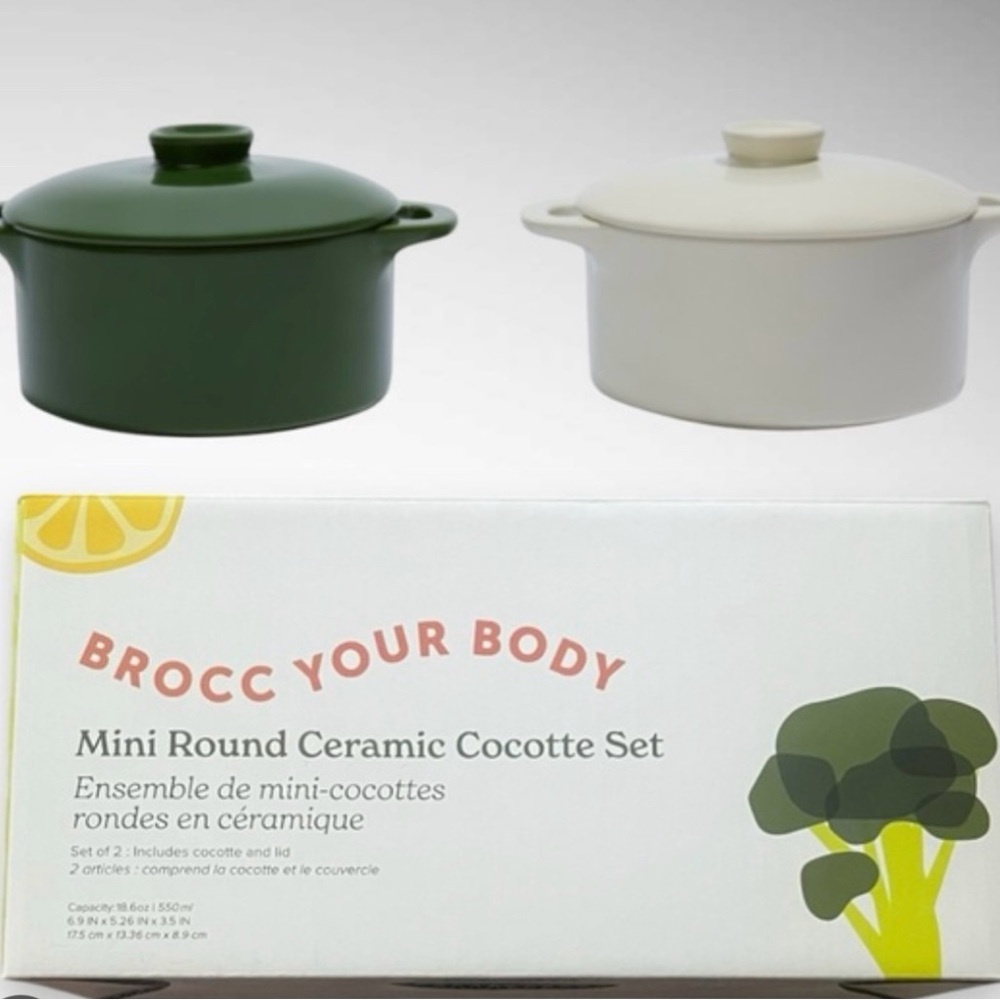 Mini Round Ceramic Cocotte Set - Green and White